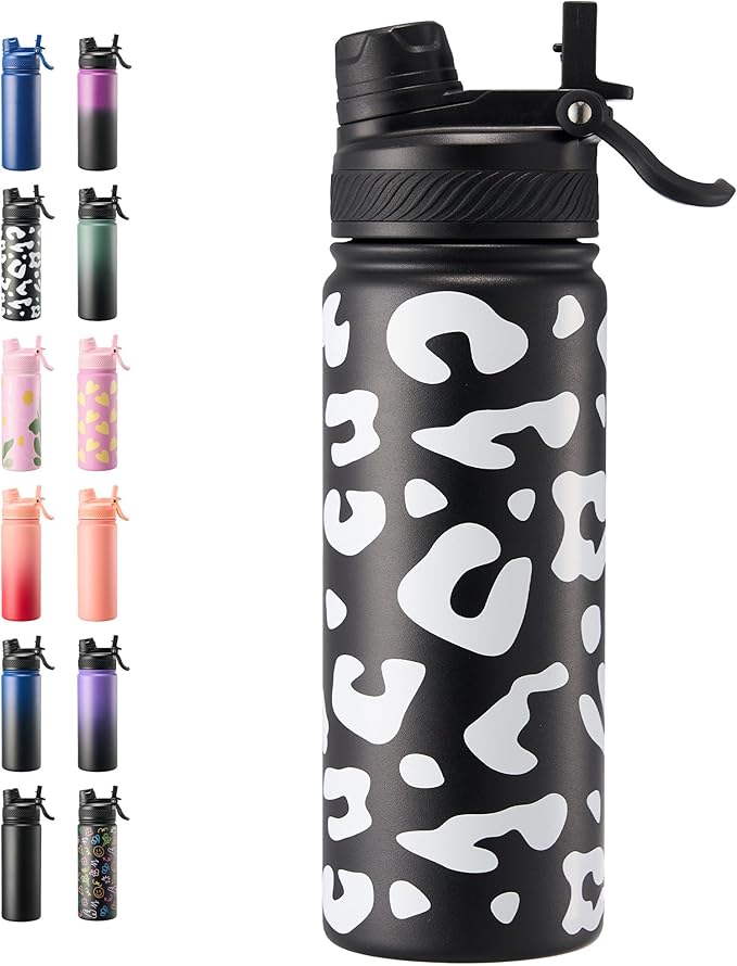 Fijinhom 18 oz Insulated Water Bottle, 2-in-1 Straw and Spout Lid Stainless Steel Thermos, Leak-Proof, Double Wall Vacuum Flask, Keep Cold 24H for Outdoor, Sports, Travel, School (Cow)