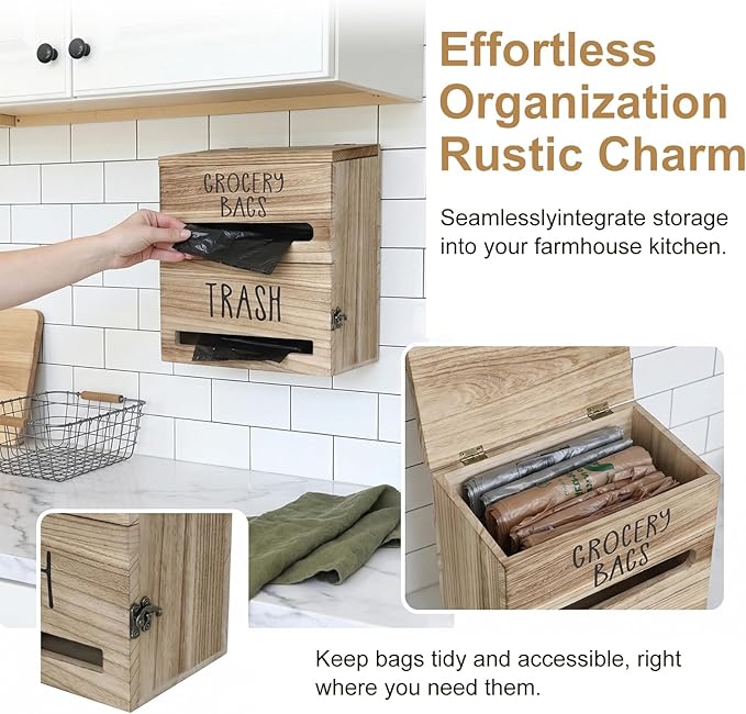 2 in 1 Trash Bag Dispenser, Double Wall Mounted,Wood Trash Bag Holder, used in kitchen, garage, laundry room, can store Environmentally friendly food bags (White/Brown(10inch*5.5inch*12.2inch）)