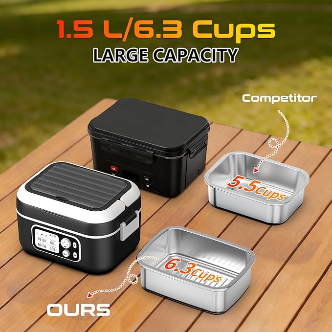 Cordless Electric Heated Lunch Box, XL 6.3Cups Rechargeable Food Warmer Lunch Box with Self Heating, Smart Timer, Adjustable Temperature, Leakproof, BPA Free, Removable Divider Black
