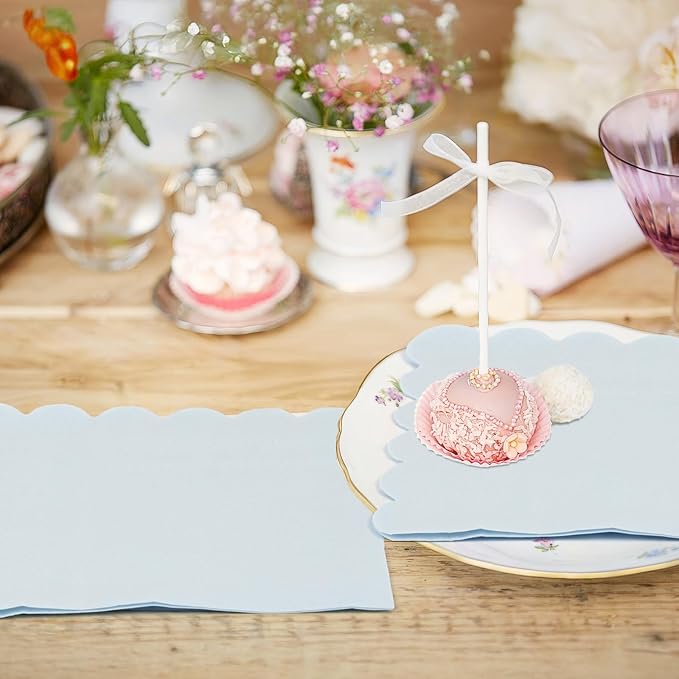 100 Pcs Cocktail Napkins, 2-Ply 5 x 5 Inches Disposable Scalloped Napkins, Thick Premium Dessert Napkins for Party, Wedding, Dinner, Birthday, Anniversary, Festival (Light Blue)