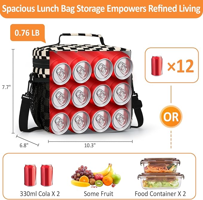 Vankor Insulated Lunch Bag for Men Women, Reusable Lunch Box Leakproof Cooler Lunch Tote Bag with Adjustable Shoulder Strap for Work Office Picnic Beach Travel, Corduroy Black White Checkered