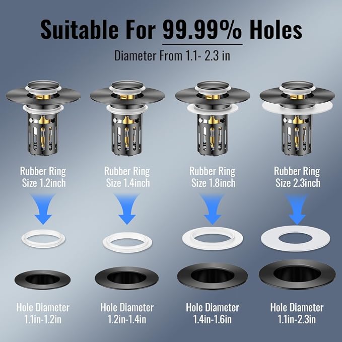 (2 Pc) Bathroom Sink Stopper-All Metal Sink Stopper-Universal Fit 99% Bathroom Stopper with Removable Stainless Steel Hair Catcher- Basin (1.1'' to 2.36'' inch) - Black