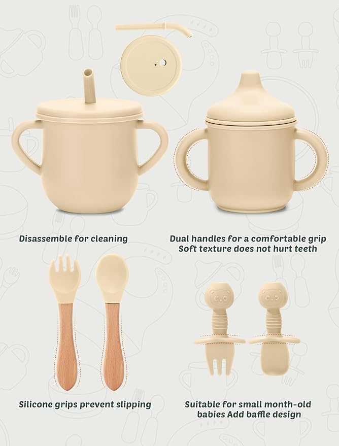 Silicone Baby Feeding Set 9 Pcs, Spill-Proof Suction Plate, Bowl, Bib, Silicone spoon&forks, Wooden Spoons&forks, Training cup with straw and Sippy Cup, Baby Eating Utensils (Green)