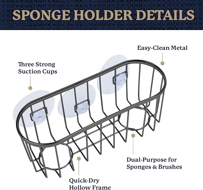Best Brands Farberware Sponge Holder for Kitchen Sink—Brushed Metal Sink Caddy Organizer with Triple Suction Cups, Kitchen Organizer for Sponges, Brushes, Soap & Cleaning Essentials