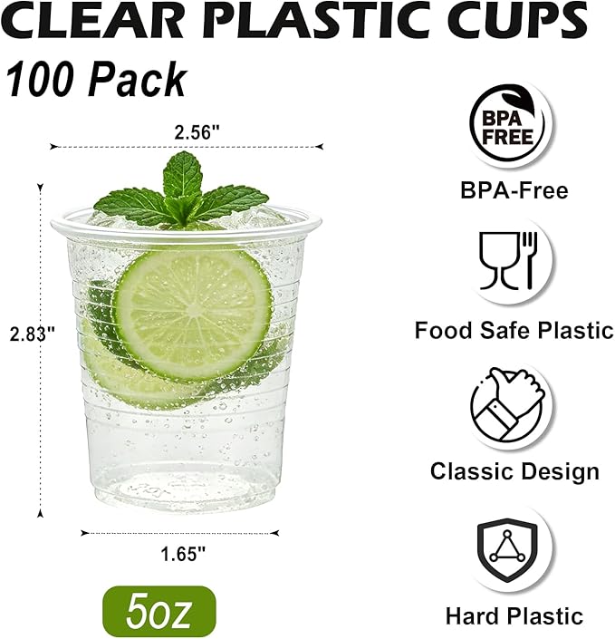 Lamosi 100 Pack 5 oz Plastic Cups, Disposable Party Cups, Small Drinking cup for Bathroom, Party, Wedding, Travel, BBQ, Picnic, Event