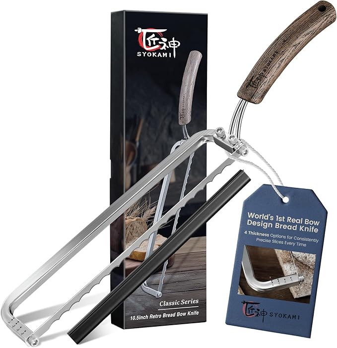 SYOKAMI 2026 Upgrade Bread Knife for Homemade Bread, World's 1st Real Bow-Design Sourdough Bread Slicer, Razor-Sharp Cutter for Crusty Sourdough & Baguette, 4 Thickness Scale Marks, Ideal for Gift