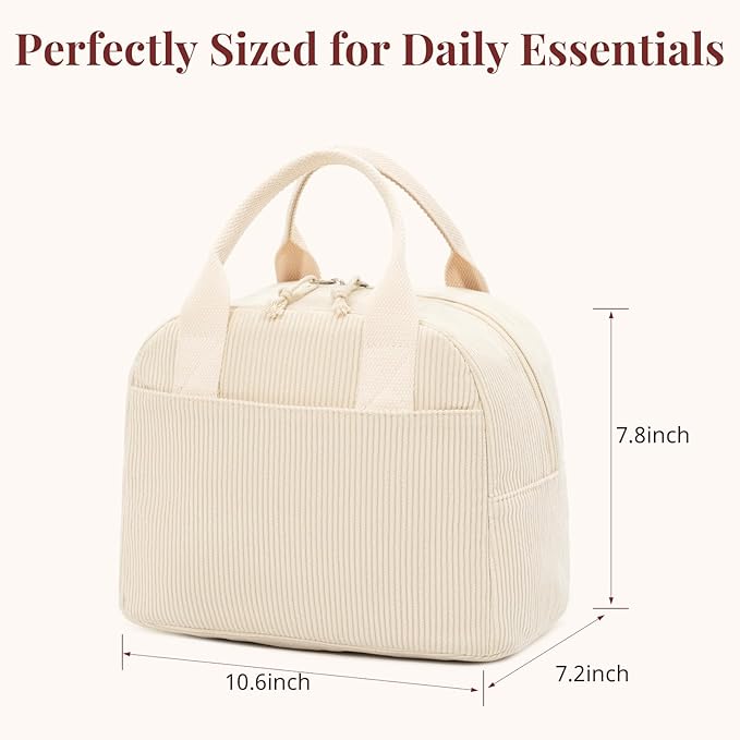 LOVELYWIND Insulated Cream Beige Lunch Bag for Women, Stylish Corduroy Tote with Aluminum Lining, Large Capacity Reusable Cooler for Work, Travel, or Beach, Beige Cream Water-Resistant Lunch Box