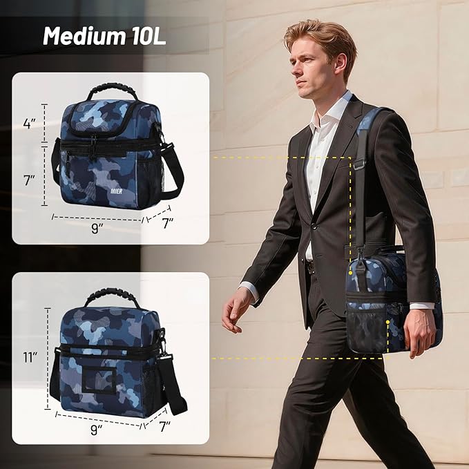 MIER Insulated Lunch Box Dual Compartment Lunch Bag Leakproof Cooler for Men Women Adult Work, Camo, Medium (Upgraded Extra-Tall Bottom Layer)
