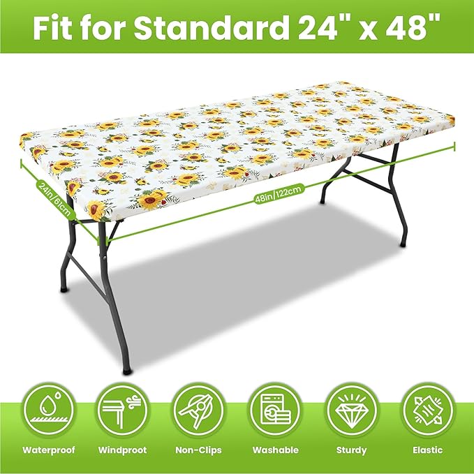 Smiry Spandex Fitted Tablecloth for 4 Foot Rectangle Tables, Washable Picnic Table Cover with Elastic, Stretch Reusable Table Cloth for Outdoor, Camping, Dining & Kitchen (Sunflower, 24"x48")