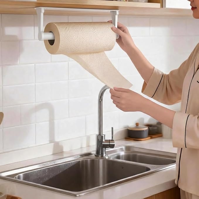 MONEER Kitchen Roll Holder Under Cabinet, Paper Towel Holder, Aluminum Alloy Kitchen Towel Holders, Self Adhesive Kitchen Roll Holder for Kitchen, Bathroom, Living Room (White)