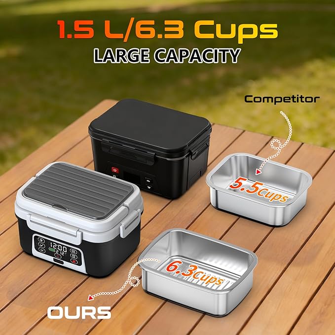 Cordless Electric Heated Lunch Box, XL 6.3Cups Rechargeable Food Warmer Lunch Box with Self Heating, Smart Timer, Adjustable Temperature, Leakproof, BPA Free, Removable Divider Dark Black
