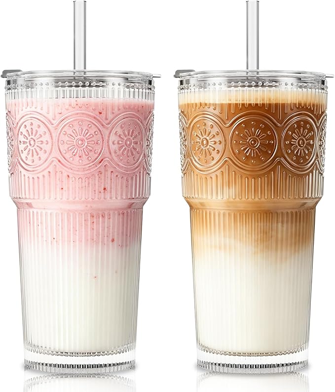 SoulTimes 20oz Ribbed & Floral Glass Tumbler Set of 2 – Reusable Glass Cups with Lid and Glass Straw, Iced Coffee Cups for Water, Smoothie, Milk, Cocktail & More – Perfect for Daily Use & Travel