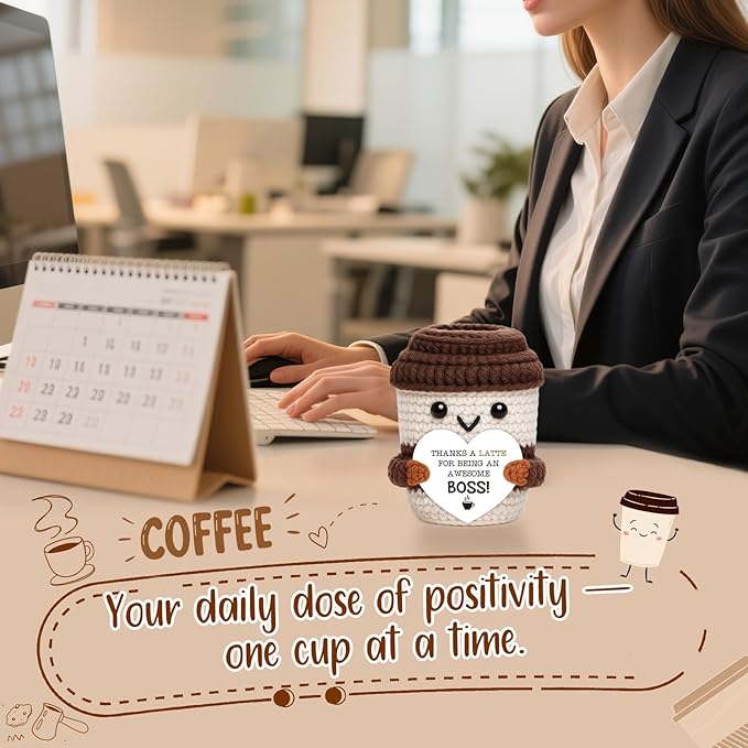 Mini Boss Gifts for Women Men Office Appreciation Gifts for Boss Lady Manager Leader Mentor Supervisor Handmade Crochet Coffee Cup for Retirement Promotion Farewell leaving Going Away Birthday Gift