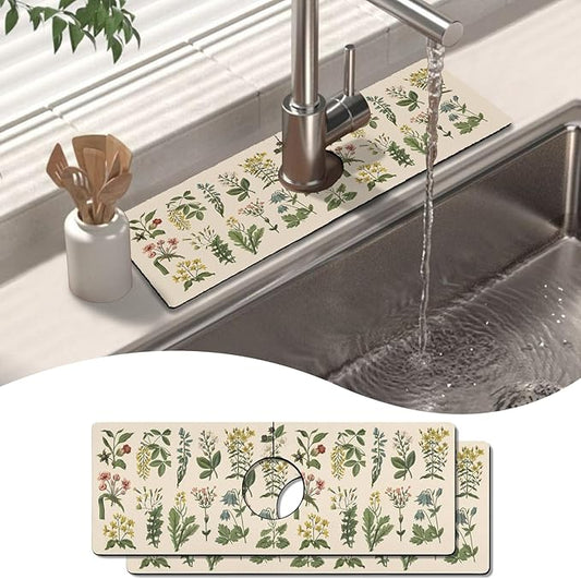 2 Pack Kitchen Sink Splash Guard Faucet Mat 15" X 5.5" Floral Absorbent Fast Drying Mat Faucet Draining Mat Sink Splash Guard Behind Faucet Drip Catcher for Kitchen Bathroom