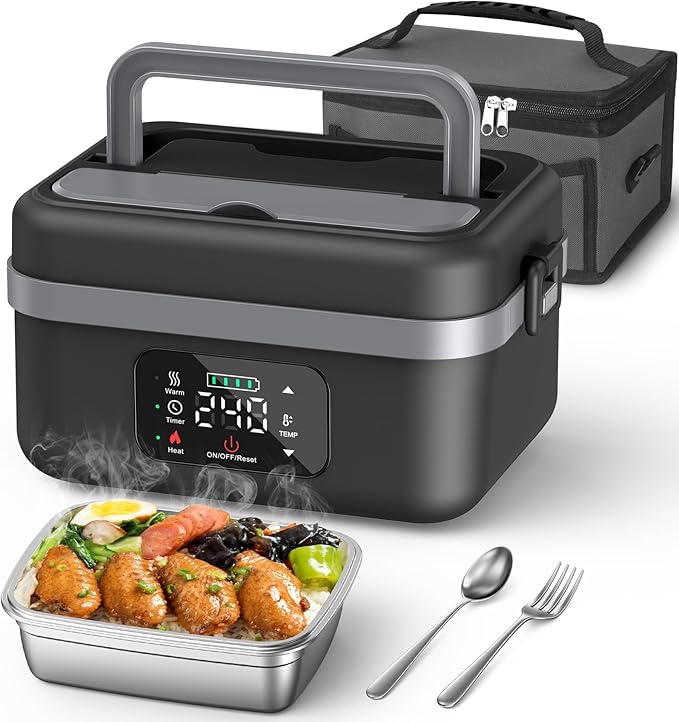 ODSD Cordless Electric Lunch Box for Adults, 16000mAh Rechargeable Self-Heating Lunch Box Food Warmer with Timer & Adjustable Heating, 34oz/1L Container with Insulated Bag for Office Car Outdoor