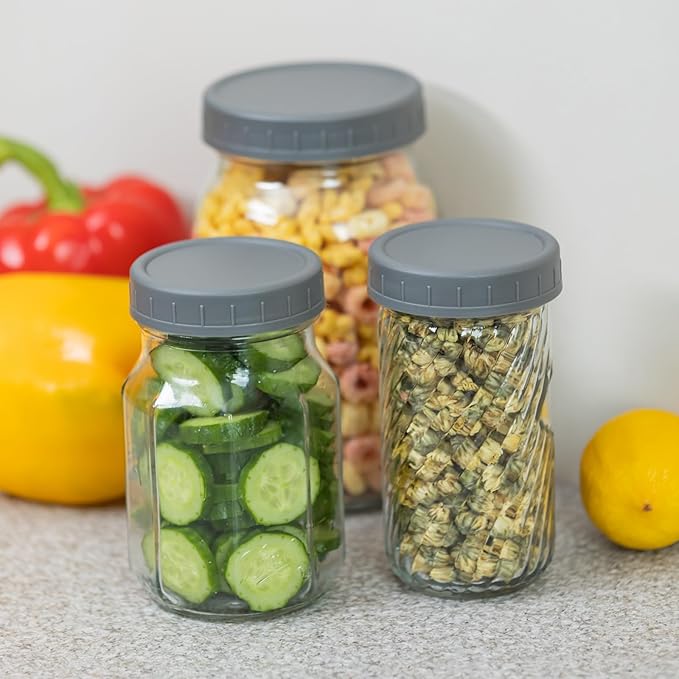 Bedgeta 9 Regular Mouth Mason Jar Lids with Silicone Ring,Thickened Leak-proof Lids Fit Ball,Kerr and More, 9 Gray Plastic, (Gray)