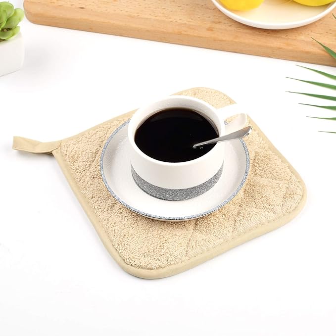 100% Cotton Kitchen Everyday Basic Terry Pot Holder Heat Resistant Coaster Potholder for Cooking and Baking Set of 5 Light Brown