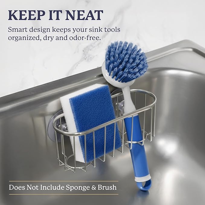 Best Brands Farberware Sponge Holder for Kitchen Sink—Brushed Metal Sink Caddy Organizer with Triple Suction Cups, Kitchen Organizer for Sponges, Brushes, Soap & Cleaning Essentials