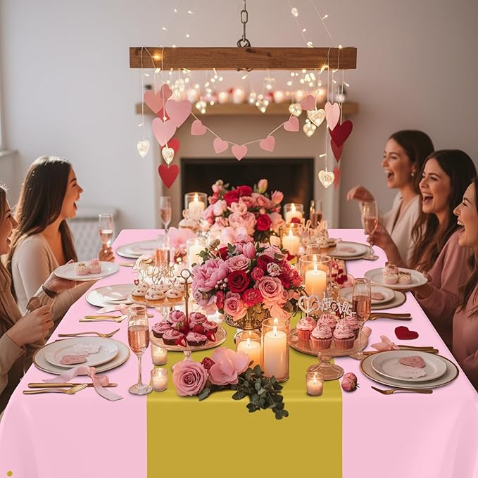 Smiry Plastic Table Cloth Disposable 8 Pack, 54 x 108 Inch Rectangle Waterproof Tablecloth, Printed Gold Table Runner Style for Birthday Weeding, Party Decorations, Leakproof & Sturdy, Pink and Gold