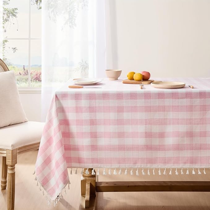 Softalker Pink Gingham Tablecloth Rectangle, Outdoor Linen Cotton Checkered Table Cloth with Tassel, Heavy Duty Wrinkle Free Buffalo Plaid Table Cover for Kitchen Dining Home Party - 55 x 70 Inch