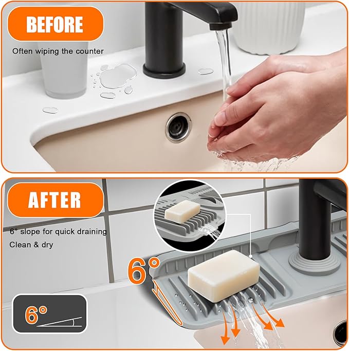 17.7" Gray Button Style Faucet Drip Catcher – Silicone Faucet Mat for Kitchen Sink, Leak-Proof Splash Guard with 6° Slope | Behind Faucet Draining Mat & Easy Gadgets for Bathroom & Kitchen Countertops