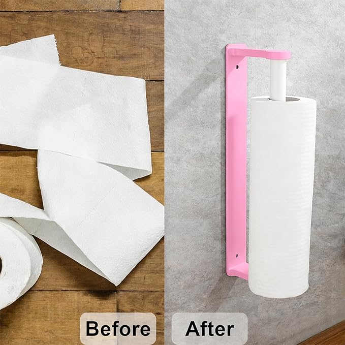 MONEER Kitchen Roll Holder Under Cabinet, Paper Towel Holder, Aluminum Alloy Kitchen Towel Holders, Self Adhesive Kitchen Roll Holder for Kitchen, Bathroom, Living Room (Pink)