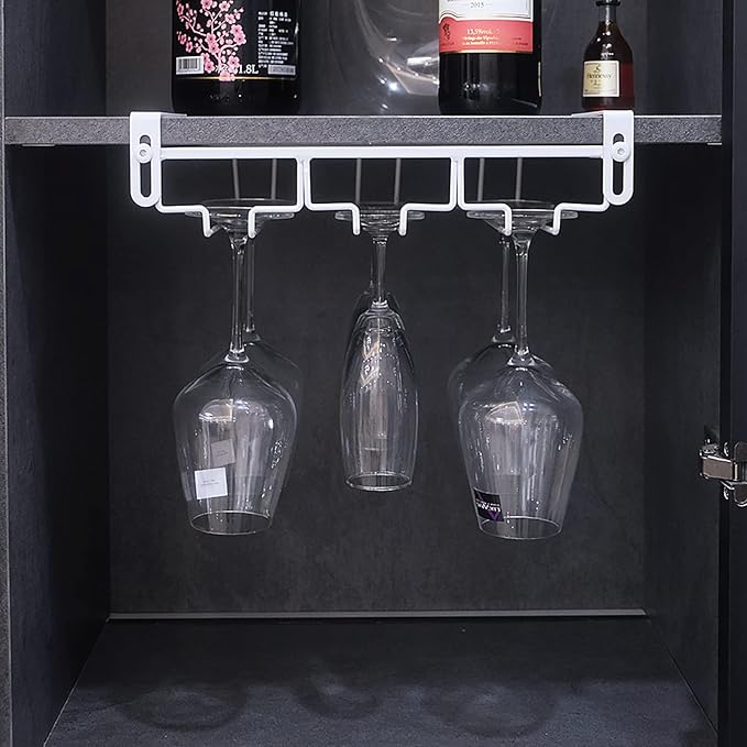 Adjustable Under Cabinet Stemware Holder - Metal Wine Glass Hanger Organizer for Kitchen, Bar, Shelf - Rustproof Hanging Storage Rack for 6-8 Glasses - Space Saving Decor (White, 3 Rows)