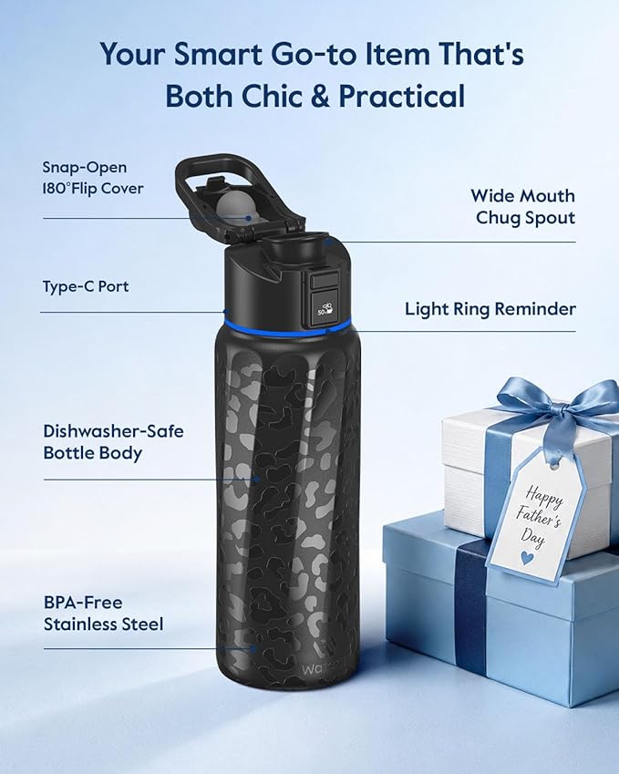 BOOST Smart Water Bottle with Reminder & Tracker, Double Wall Vacuum Insulated Bottles Stainless Steel, 32oz BPA-Free Wide Mouth for School, Gym, Office, Ideal for Father's Day