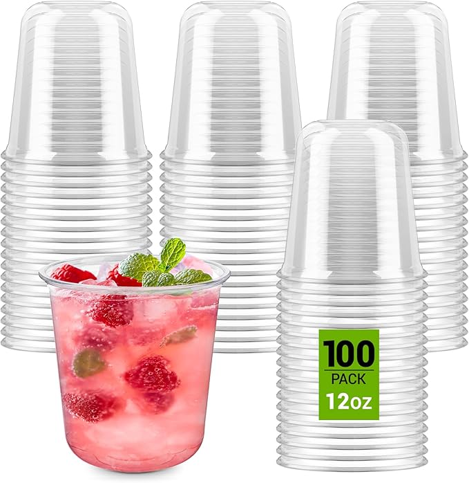Soelomu 12 oz Disposable Stemless Wine Glasses, 100 Pcs Crystal Plastic Cocktail Cups Clear Classic Cold Drinking Party Glasses for Wedding Gathering Birthday Meeting (Clear)