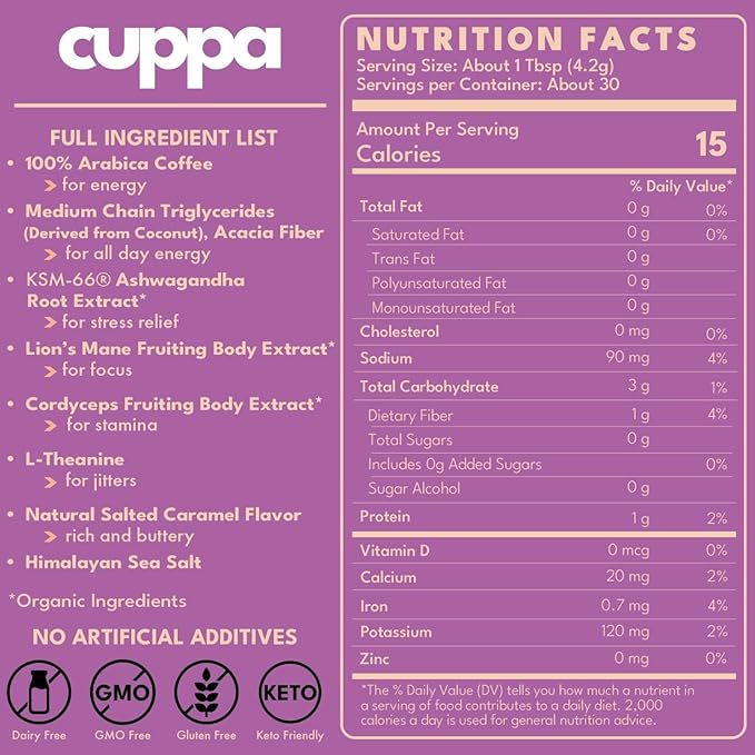 Cuppa Salted Caramel Mushroom Coffee with Adaptogens & Superfoods - Lion’s Mane, Ashwagandha & Cordyceps. Adaptogens + MCT to support natural energy, mental focus & gut health (60 Servings)