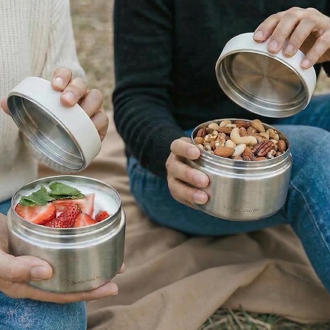Modaniam Stainless Steel Lunch Containers, Food Jar Travel Containers, Snack Containers, Portable Metal Lunch Box For Yogurt, Oatmeal, Leak Proof, Vanilla - Set of 3 8OZ+16 OZ+ 24 OZ