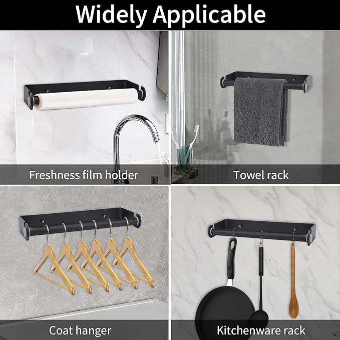 Under Cabinet Paper Towel Holder, Adhesive or Drill Mount Paper Towel Holder, Wall Mount Paper Towel Holders for Kitchen or Bathroom (Black) 2 Pack