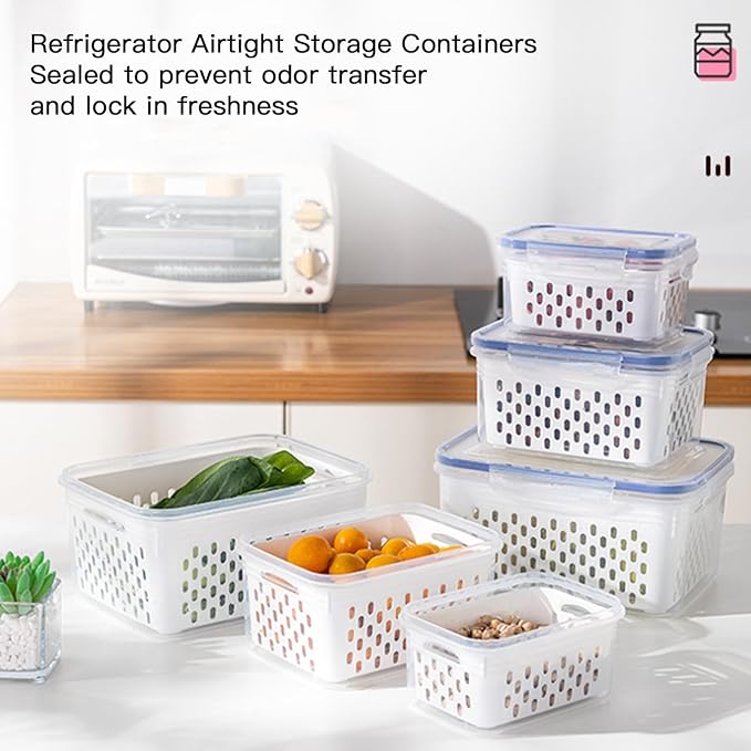 3 Pack Fruit Storage Containers for Fridge with Removable Colander – Airtight Produce Storage Containers with Lids, BPA-Free Berry Keeper for Vegetables, Lettuce & Meal Prep (29oz+59oz+112oz)