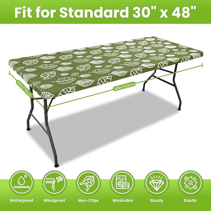 Smiry Spandex Fitted Tablecloth for 4 Foot Rectangle Tables, Washable Picnic Table Cover with Elastic, Stretch Reusable Table Cloth for Outdoor, Camping, Dining & Kitchen (Line Leaf, 30"x48")