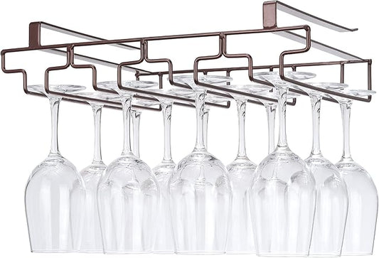 Wine Glass Rack Under Cabinet Drilling Free No Screw Steamware Holder Under Shelf Metal Wine Glasses Holders 304 Stainless Steel Hanger Storage Organizer Hanging Glass Fit for Bar Kitchen 4 Rows Brown