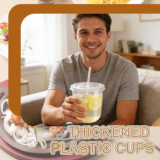 Alaeseje 100 Pack Clear Plastic Cups with Lids and Straws,12 oz Disposable Iced Coffee Cups,PET Crystal Cups,Round Bottom To Go Cup for Iced Coffee Juice Smoothie Cold Beverage