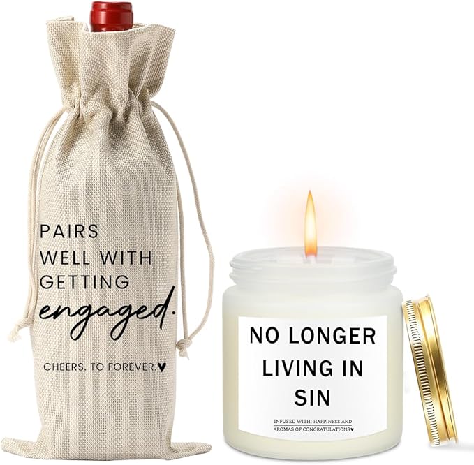 Engaged Engagement Gifts for Couples Her Engagement Party Decorations for Couple Wine Bag Scented Candles Set Pairs Well with Getting Engaged Wine Bag No Longer Living In Sin