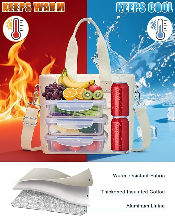 Insulated Lunch Box for Women & Men - Large Thermal Lunch Bag Women with Removable Shoulder Strap, Reusable Lunch Cooler Tote Bags Purse for Adults Work, Picnic, Hiking, Beach, Travel, Large, White