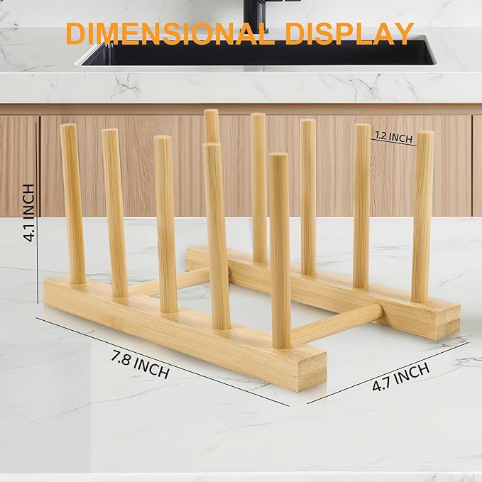 SAMEBUTECO 2-Pack Bamboo Kitchen Rack with 4 Slots and 5 Connector Pegs – Vertical Organizer for Plates, Pots, Lids, Bowls & Cutting Boards – Durable Wooden Dish Holder with Spare Pegs & Gift Box