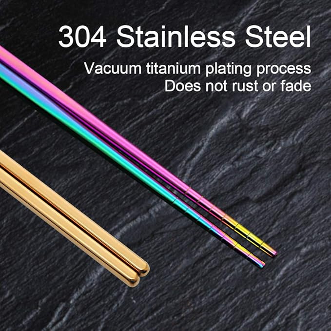 Stainless Steel Chopsticks Reusable Multicolor Lightweight 304 Metal Chopsticks Dishwasher Safe - 5 Pairs (Multi)