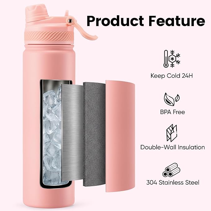 Fijinhom 24 oz Insulated Water Bottle, 2-in-1 Straw and Spout Lid Stainless Steel Thermos, Leak-Proof, Double Wall Vacuum Flask, Keep Cold 24H for Outdoor, Sports, Travel, School (Pink)