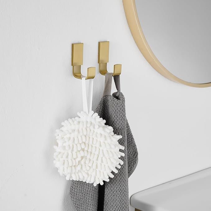 BESy Brass Clothes Hook Single Towel Hook for Bathroom Kitchen Garage Square Style Robe Hooks Coat and Hat Hook, Wall Mounted with Screws, Two Packs, Brushed Gold