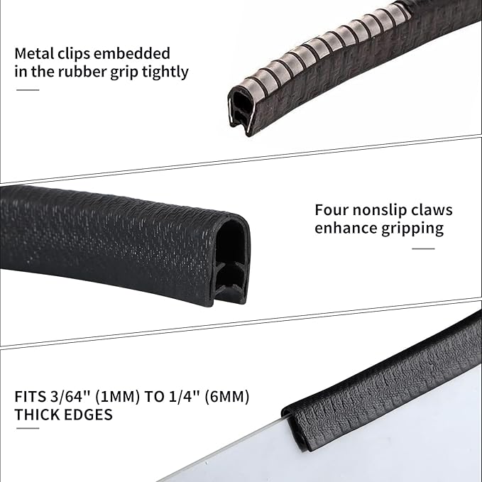 Rubber Edge Trim Guard 10ft/3m, Adhesive Free Door Edge Protector, U Shape Edge Seal Strip with Embedded Metal Clips Fits 3/64" to 1/4" Thick Edges (Black)