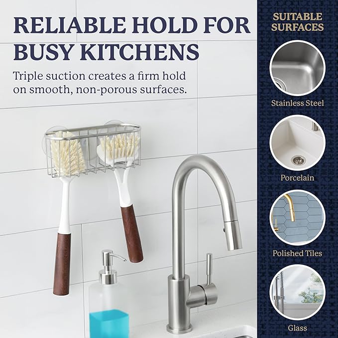 Best Brands Farberware Sponge Holder for Kitchen Sink—Brushed Metal Sink Caddy Organizer with Triple Suction Cups, Kitchen Organizer for Sponges, Brushes, Soap & Cleaning Essentials