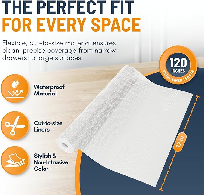 Shelf Liner Drawer Liner for Kitchen Cabinets Non-Adhesive by Linda’s Essentials (12 x 120 Inches) - Non-Slip Easy Clean Kitchen Cabinet and Cupboard Protector, Waterproof Mat, Clear Roll