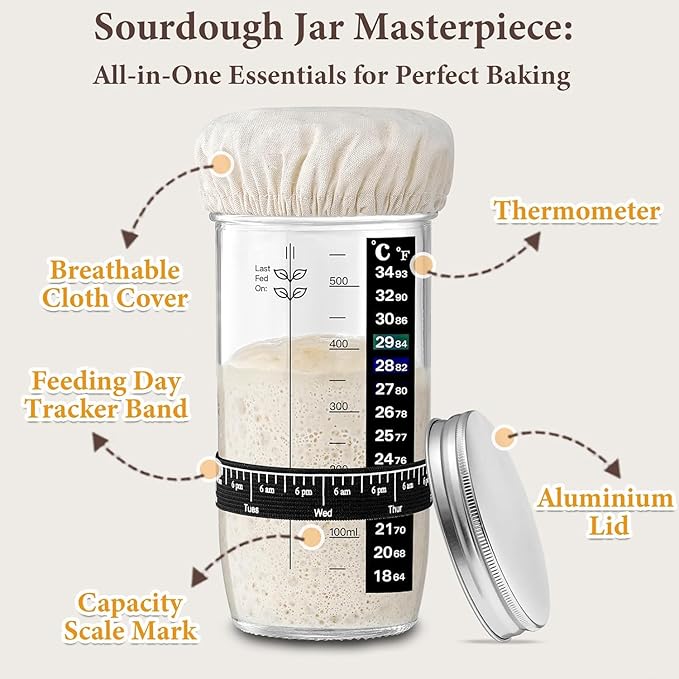 Complete Sourdough Starter Kit, Bread Baking Supplies, 9'' Round Banneton Bread Proofing Basket with Glass Sourdough Starter Jar & Tools, Bakery Accessories for Bread Making Baking Fermentation