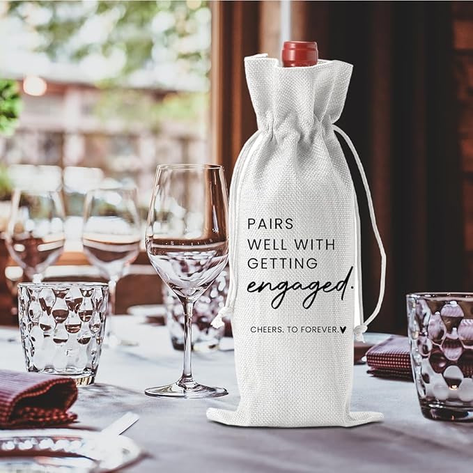 Engaged Engagement Gifts for Couples Her Engagement Party Decorations Bridal Shower Decorations Wine Bag Cheers To Forever Wine Accessory Sets - White