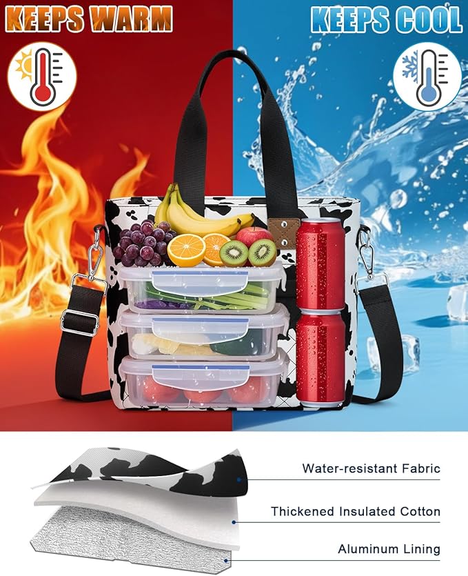 Insulated Lunch Box for School - Large Thermal Lunch Bag Women with Removable Shoulder Strap, Reusable Lunch Cooler Tote Bags Purse for Adults Work, Picnic, Hiking, Beach, Travel, LargeCowprint