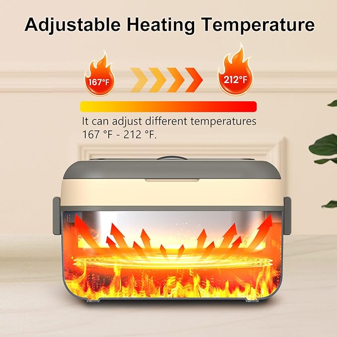 Cordless Electric Heated Lunch Box, XL 6.3Cups Rechargeable Food Warmer Lunch Box with Self Heating, Smart Timer, Adjustable Temperature, Leakproof, BPA Free, Removable Divider Yellow