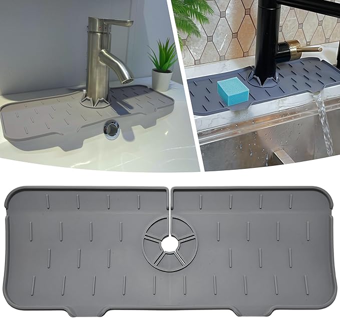Silicone Sink Splash Guard, Drip Catcher Tray Mat | Kitchen Guard Gadgets Sink Accessories, kitchen sink sponge holder | 15"" x 5.5"" Drying Mat for Kitchen Counter, faucet accessories - Grey, Gray